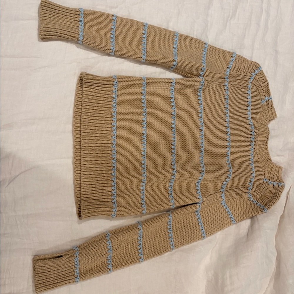 Madewell Women's Tan Crewneck Sweater with Light Blue Stripes